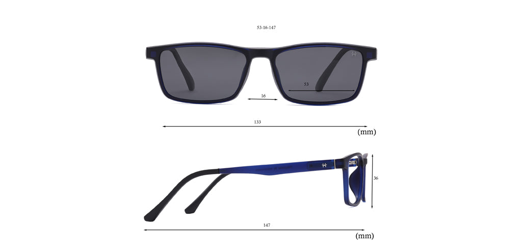 Happster Clipon Unisex Eyeglasses Full Frame Rectangle Large 53 TR90 SM SE2253 (5 in 1)